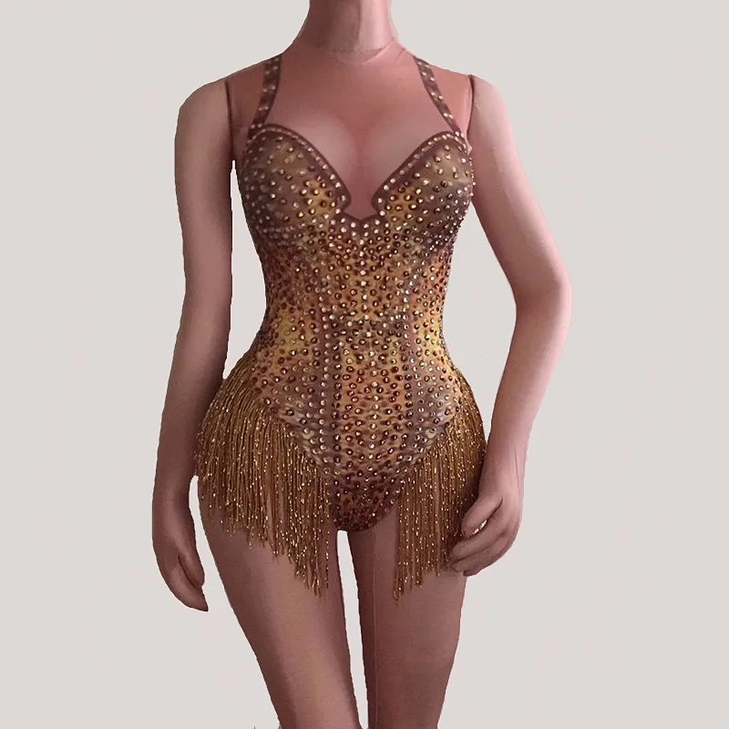 Sexy Gold Tassels Crystals Sleeveless Bodysuit Rhinestones Catsuits Nightclub Bar Women DJ Singer Dance Teams Jazz Stage Costume
Sexy Gold Tassels Crystals Sleeveless Bodysuit Rhinestones Catsuits Nightclub Bar Women DJ Singer Dance Teams Jazz Stage Costume