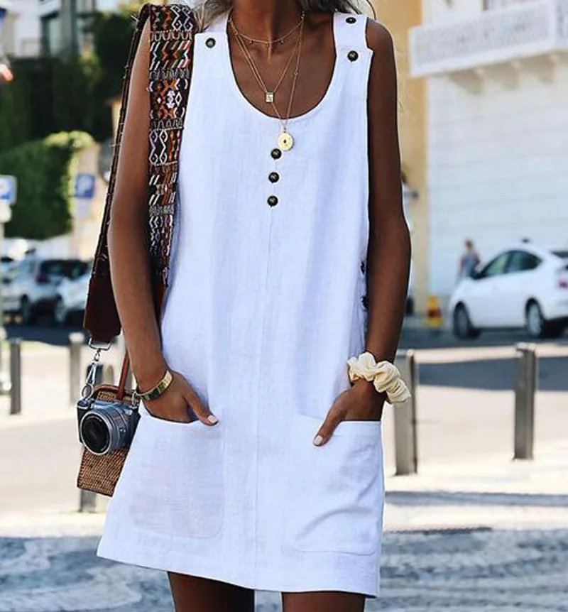 Fashion Casual Women Summer Dress Streetwear Femme Robe Sleeveless Dress Buttons Pockets Vestidos Women Pullover Sexy Mini Dress
Fashion Casual Women Summer Dress Streetwear Femme Robe Sleeveless Dress Buttons Pockets Vestidos Women Pullover Sexy Mini Dress