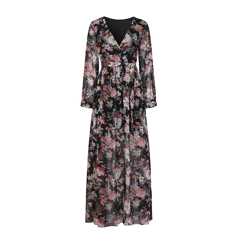 Plus Size Maxi Long Women Spring Summer Boho Beach Dress Loose Female Floral Print Chiffon Long Sleeve Casual Party Vestidos