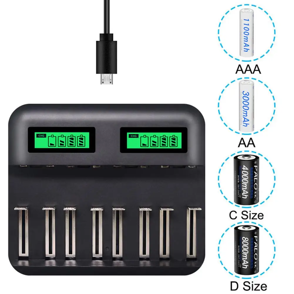 8-slot LCD battery charger for D C type 5 No. 7 rechargeable battery AAA, AA batteries full power off with charging protection
8-slot LCD battery charger for D C type 5 No. 7 rechargeable battery AAA, AA batteries full power off with charging protection