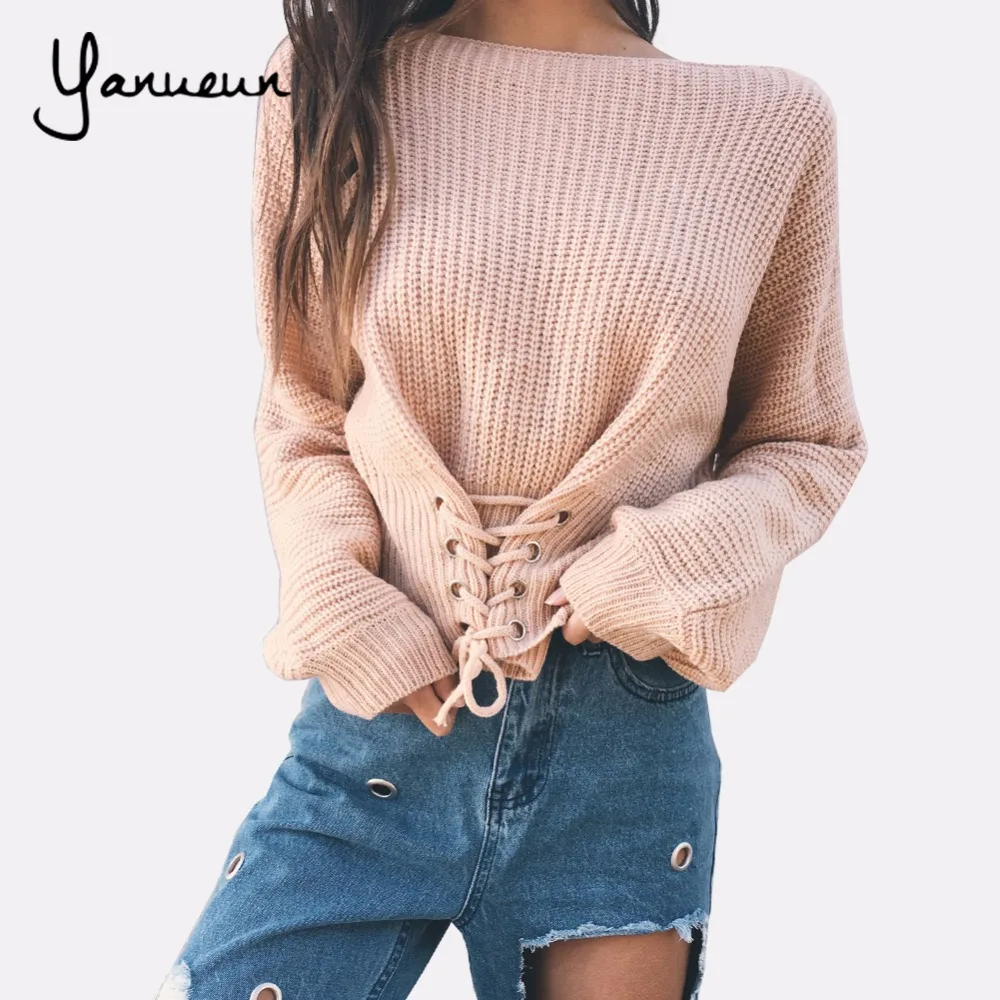 Yanueun 2017 Fashion Trend Autumn Winter Fashion Women's Pullover Front Lace Up O-neck Knitted Sweaters Sexy Loose Jumper Top
Yanueun 2017 Fashion Trend Autumn Winter Fashion Women's Pullover Front Lace Up O-neck Knitted Sweaters Sexy Loose Jumper Top
