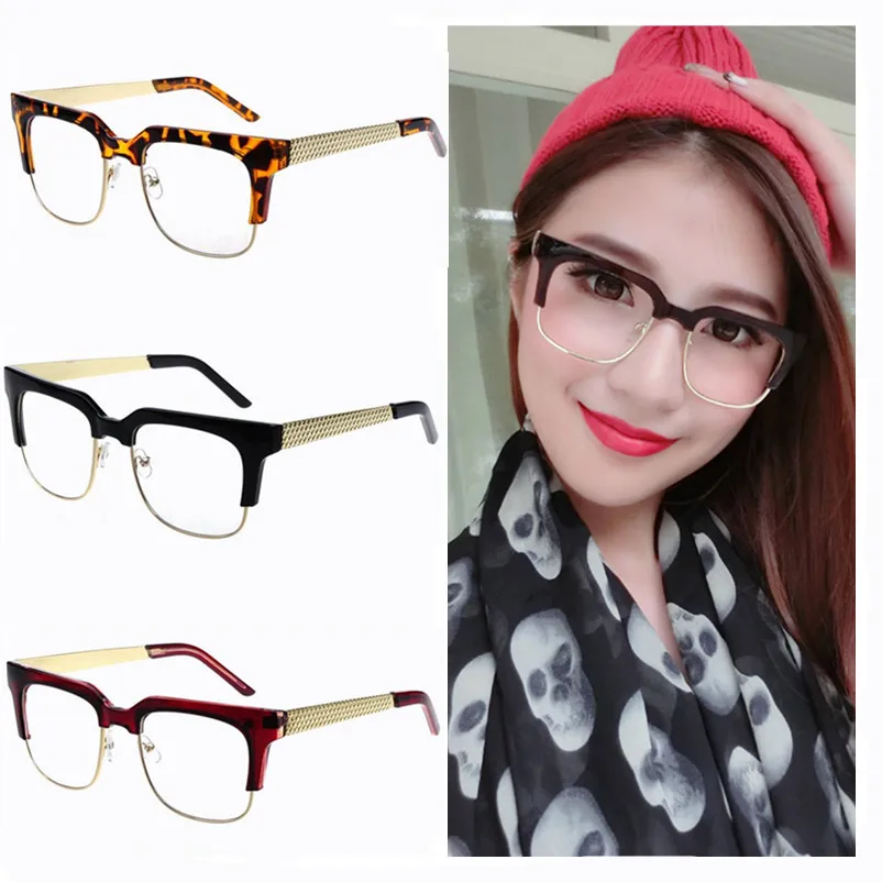 

2022New MoneySemi-rim Vintage Large Square Eyeglasses Frame For Women Textured Metal Frames Adjustable Nose Pad