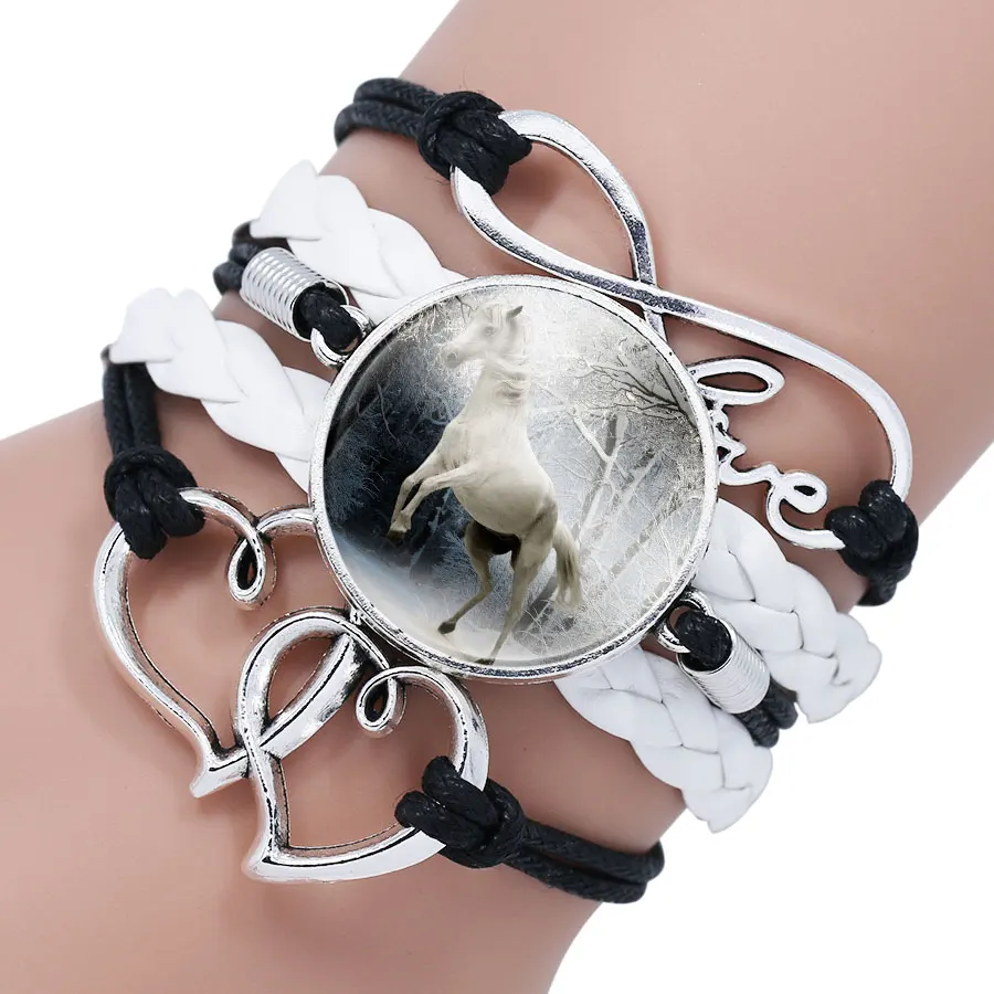 Trendy Horse Photo Glass Cabochon Black White Multilayer Leather Charm Bracelet For Women Heart Infinity Bracelets Gifts | Украшения и