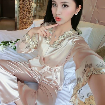2017 Spring Autumn Cute Embroidery Big Size Sleepwear Satin Silk Pajamas Long Sleeve V Neck Sexy Lingerie Nightwear For Ladies 
2017 Spring Autumn Cute Embroidery Big Size Sleepwear Satin Silk Pajamas Long Sleeve V Neck Sexy Lingerie Nightwear For Ladies