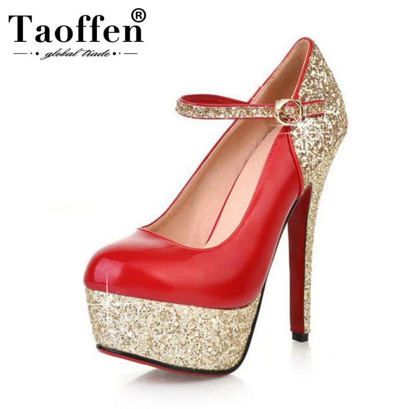 Taoffen New Sexy Thick Bottom Platform Women Shoes Pumps High-Heeled Shoes Sequins Wedding Party Shoes Buckle Plus Size 32-43
Taoffen New Sexy Thick Bottom Platform Women Shoes Pumps High-Heeled Shoes Sequins Wedding Party Shoes Buckle Plus Size 32-43