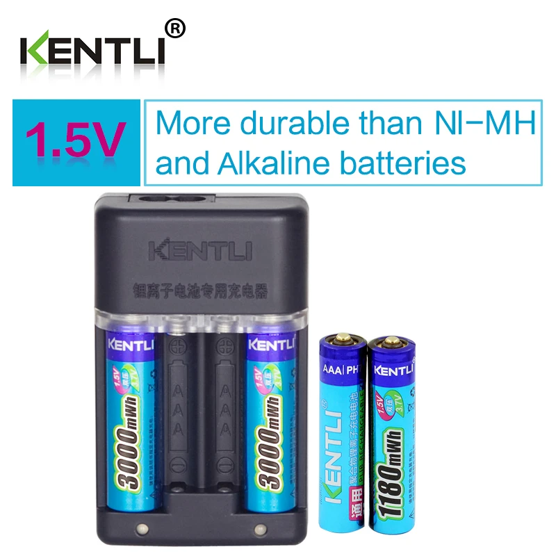KENTLI 1.5v 2pcs 3000mWh AA 2pcs 1180mWh AAA rechargeable li-ion polymer lithium battery + Intelligent Fast Charger
KENTLI 1.5v 2pcs 3000mWh AA 2pcs 1180mWh AAA rechargeable li-ion polymer lithium battery + Intelligent Fast Charger