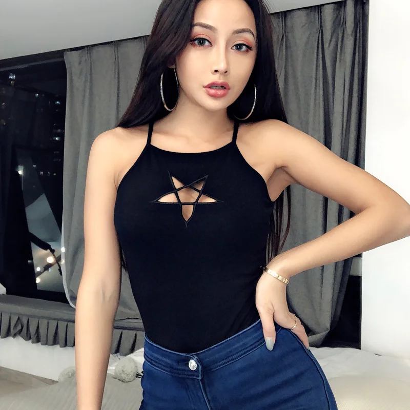 Summer Tanks Women Top Camisole Black Punk Style Chest Pentagram Hollow Out Sexy Tops For Gothic Girls Cotton
Summer Tanks Women Top Camisole Black Punk Style Chest Pentagram Hollow Out Sexy Tops For Gothic Girls Cotton