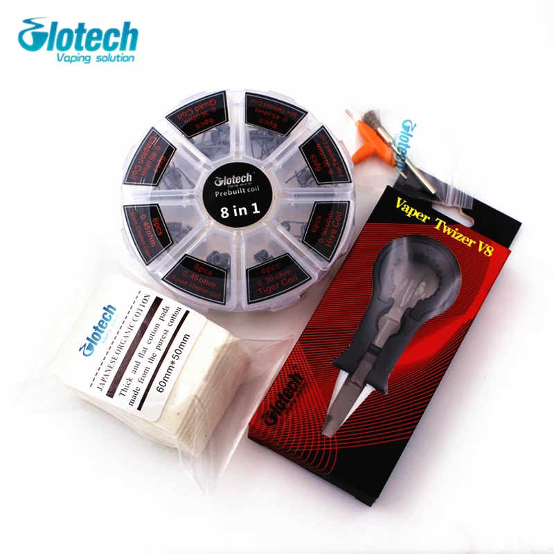Glotech Vaper twizer V8+10pcs Organic Japanese cotton+8 in 1 prebuilt coils DIY Tools Kit For E cigarette RBA RDA RTA Atomizer
Glotech Vaper twizer V8+10pcs Organic Japanese cotton+8 in 1 prebuilt coils DIY Tools Kit For E cigarette RBA RDA RTA Atomizer