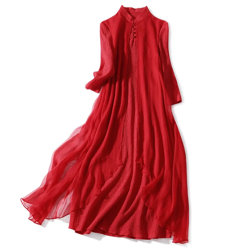 New Summer 100% Silk Red Dress Women Chinese Style Button MMandarin Collar Female Long Dresses Elegent Evening Party Maxi Dress
New Summer 100% Silk Red Dress Women Chinese Style Button MMandarin Collar Female Long Dresses Elegent Evening Party Maxi Dress