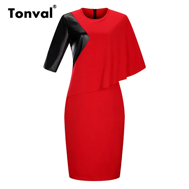 Image Tonval Cloak Sleeves Patchwork Leather Casual Dress 2017 Summer Work Pencil Dresses Women Plus Size 6XL Office Bodycon Dress