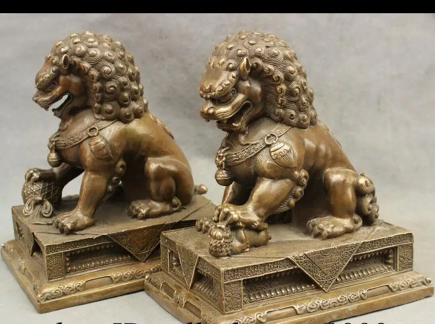 88006280<<<10" Chinese Bronze Copper FengShui BiXie Guard Wealth Foo Fu Dog Lion Statue Pair