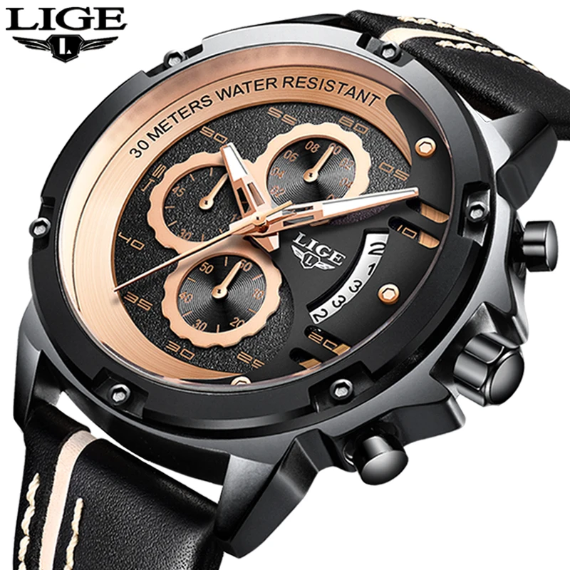 2019 New Watches Men Luxury Brand LIGE Chronograph Sports Men's Waterproof Leather Quartz Analog Clock Relogio Masculino | Наручные