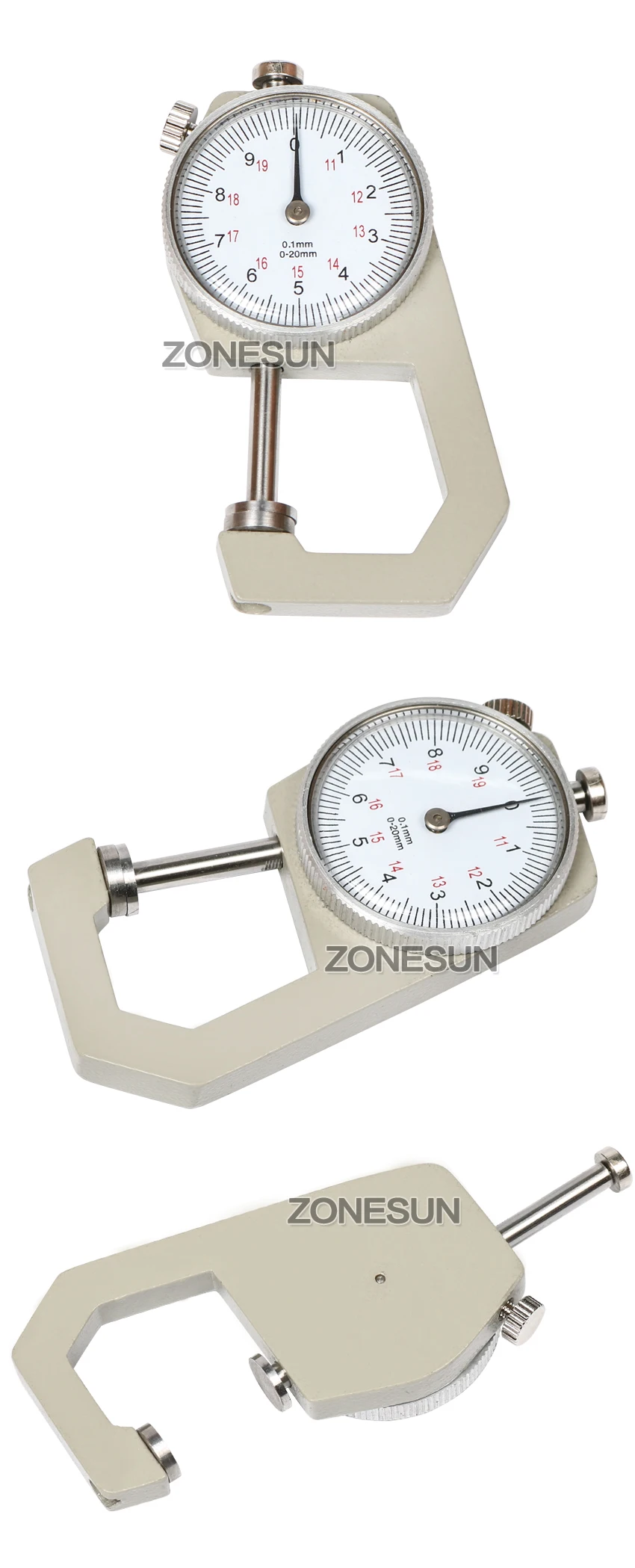 ZONEPACK 1pcs Dial Thickness Gauge Flat Head 0-10*0.1mm or 0-20*0.1mm Gage Meter Measuring Sheet Metal Leather Tester