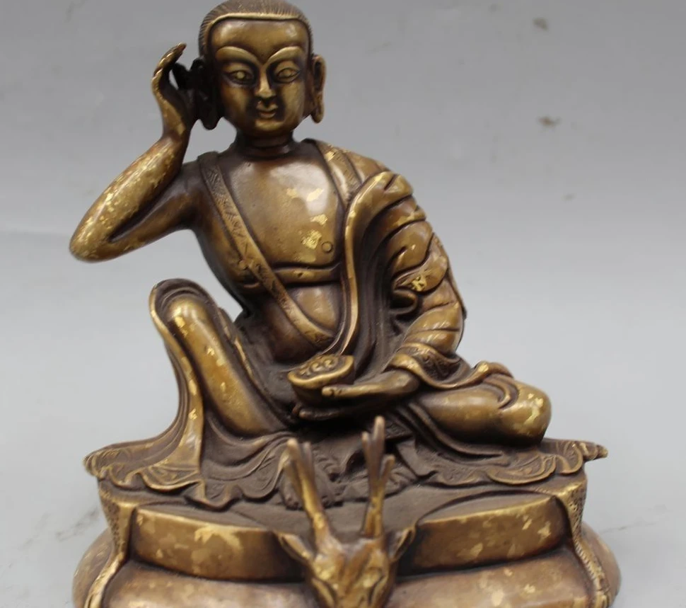 7" China Tibet Tibetan Buddhism Pure Bronze Seat Deer Head Milarepa Buddha