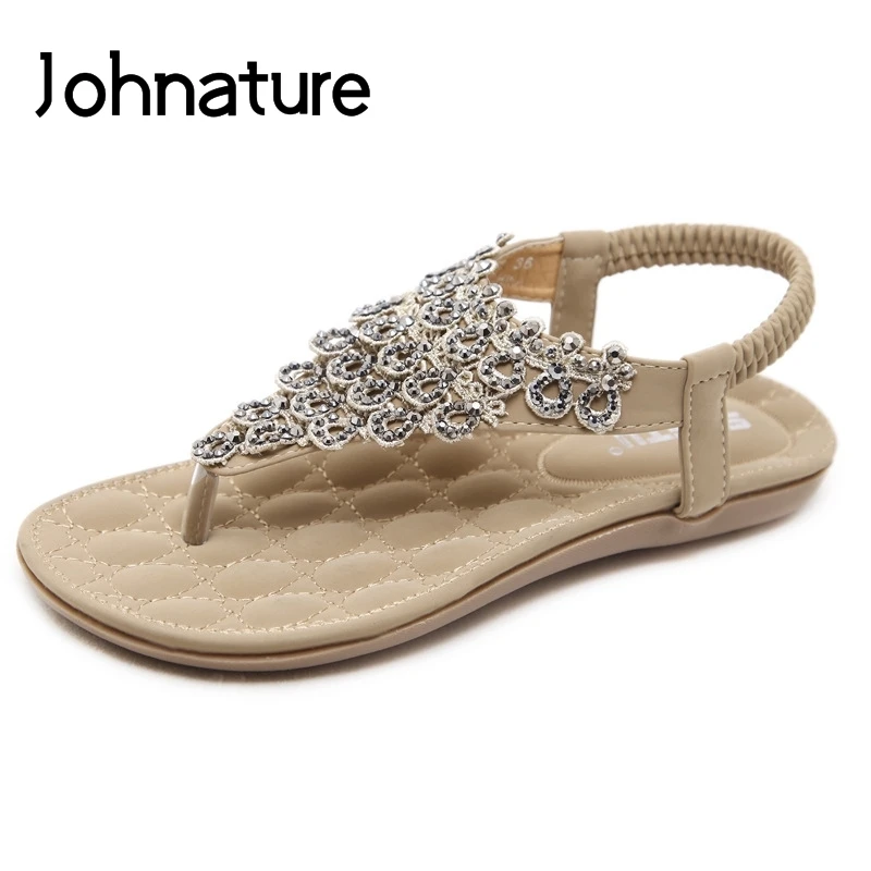 Johnature Basic Casual Elastic Band Solid 2021 New Summer Sandals Ethnic Crystal Back Strap Flat With Flip Flops Women Shoes | Обувь