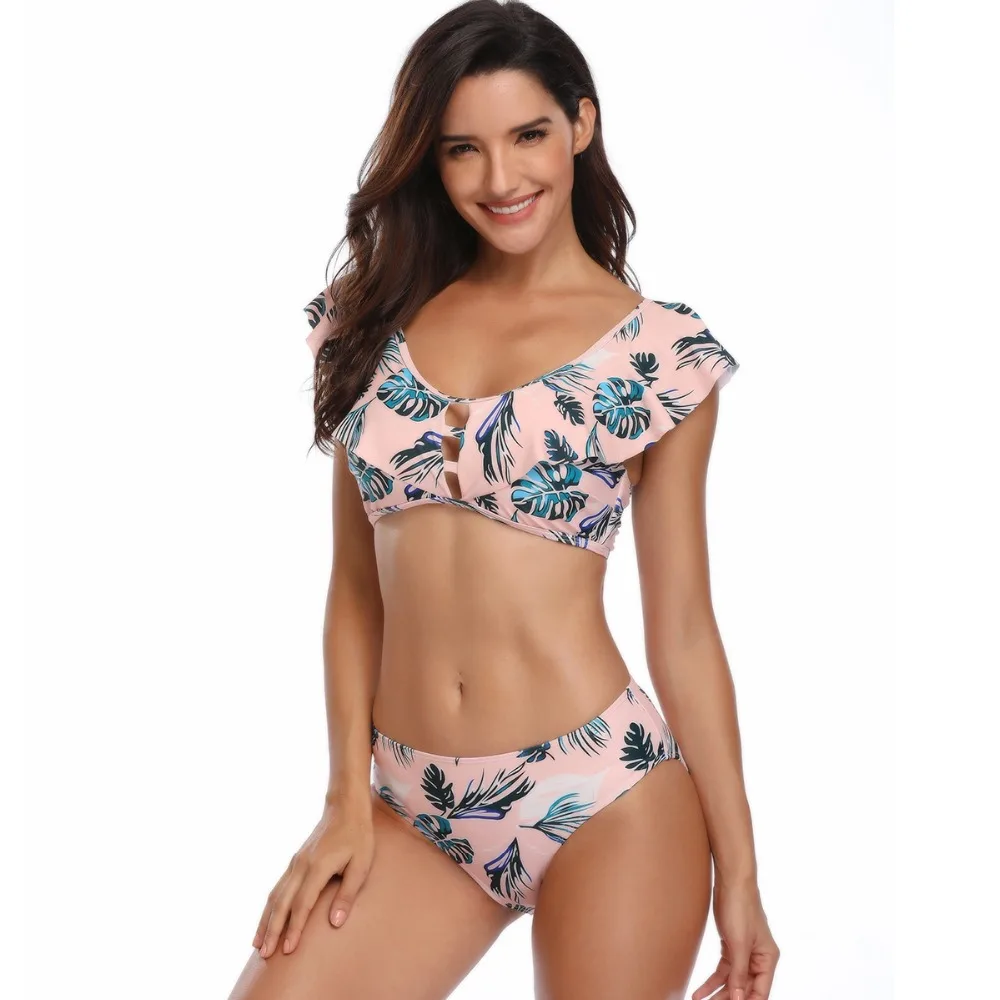 Woman Swimsuit Solid Bikini Tankini Blue Leaves Push Up Bikinis Triangle Bather Suit Swimwear For Girls Bandeaukini Bathing Suit 3