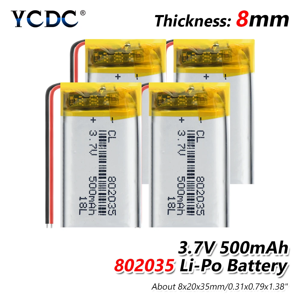 

500mAh lithium-ion polymer 3.7 V 802035 battery For MP3 MP4 MP5 GPS KTV household battery amplifier audio computer microphone