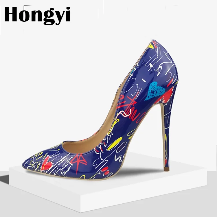 

Fashion Chicken Tracks Printed Thin High Heels Women Stiletto Designer Floral Printing Party Dress Shoes Woman Plus Size 42