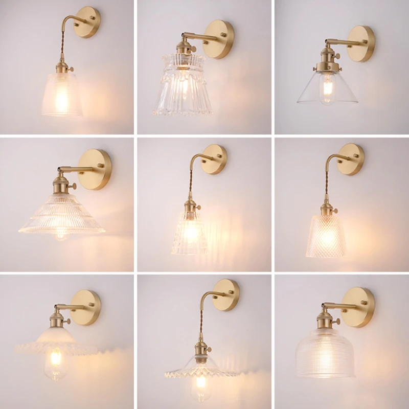Retro simple brass transparent glass wall lamp modern creative porch decoration LED E27 lighting multi-style selection 110V~240V
Retro simple brass transparent glass wall lamp modern creative porch decoration LED E27 lighting multi-style selection 110V~240V