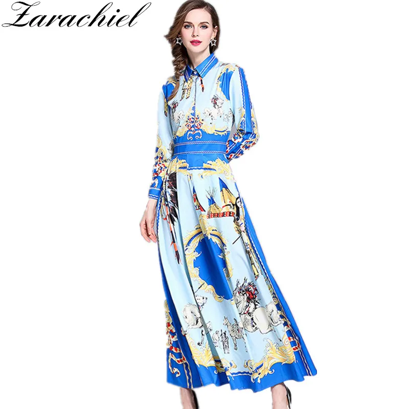 High Quality 2019 Fall Fashion Runway Maxi Dresses Women's Long Sleeve Turn Down Collar Printed Vintage Fit And Flare Long Dress
High Quality 2019 Fall Fashion Runway Maxi Dresses Women's Long Sleeve Turn Down Collar Printed Vintage Fit And Flare Long Dress