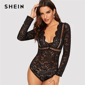 

SHEIN Sexy Black Plunging Neck Cutout Knot Back Lace Bodysuit Women Deep V Neck High Waist Skinny Going Out Mesh Bodysuit