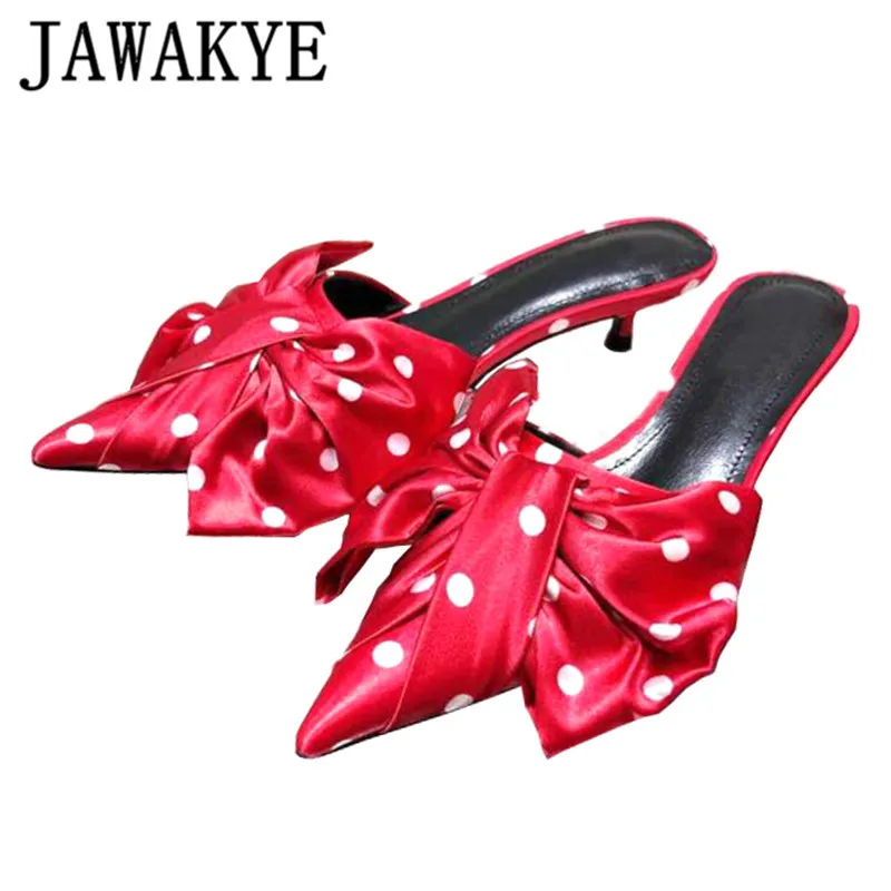 

Summer butterfly-knot Slippers Women Pointed Toe Genuine Leather kitten heel sandals Sexy wave point Lazy Mules shoes outdoor