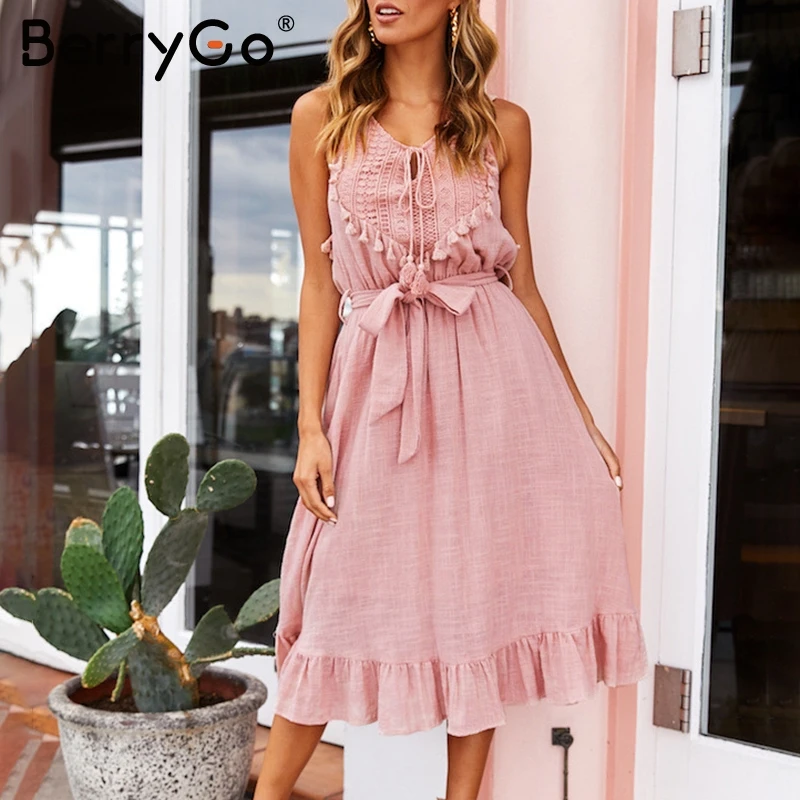 BerryGo Bohemian linen white lace midi dress Off shoulder summer lace up hollow out dresses Tassel holiday beach female vestidos
BerryGo Bohemian linen white lace midi dress Off shoulder summer lace up hollow out dresses Tassel holiday beach female vestidos