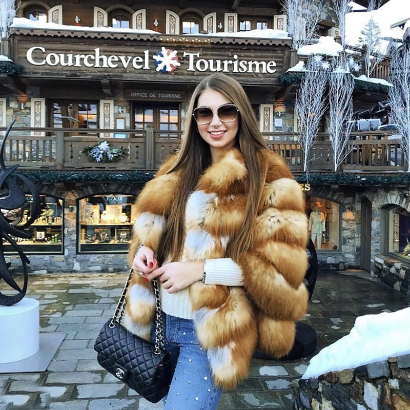 

EIFURKOP real red fox fur coat long sleeves women natural fur jacket with stand collar Horizontal row fox fur coats for winter