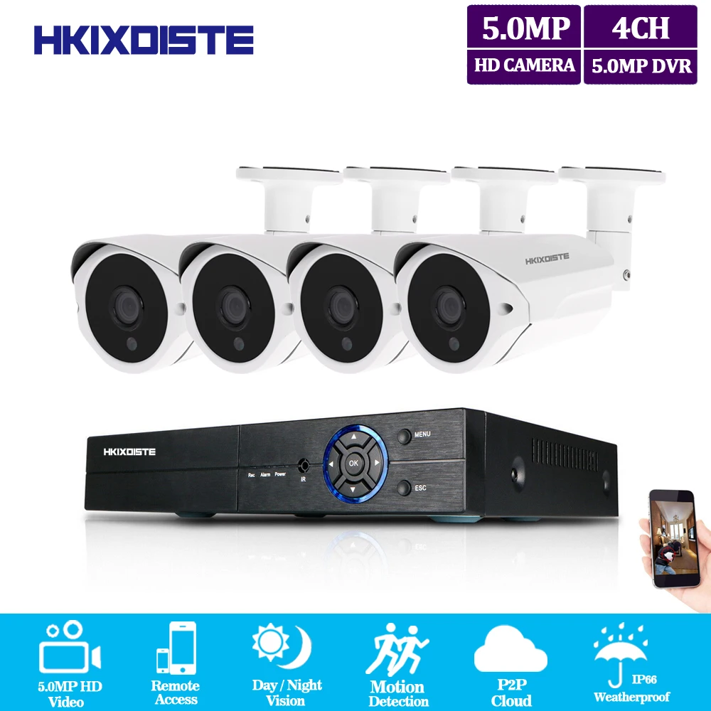 

HKIXDISTE 4CH 5MP AHD DVR Kit CCTV Camera System 4PCS 5.0MP Security Camera IP66 Outdoor Video Surveillance System APP View