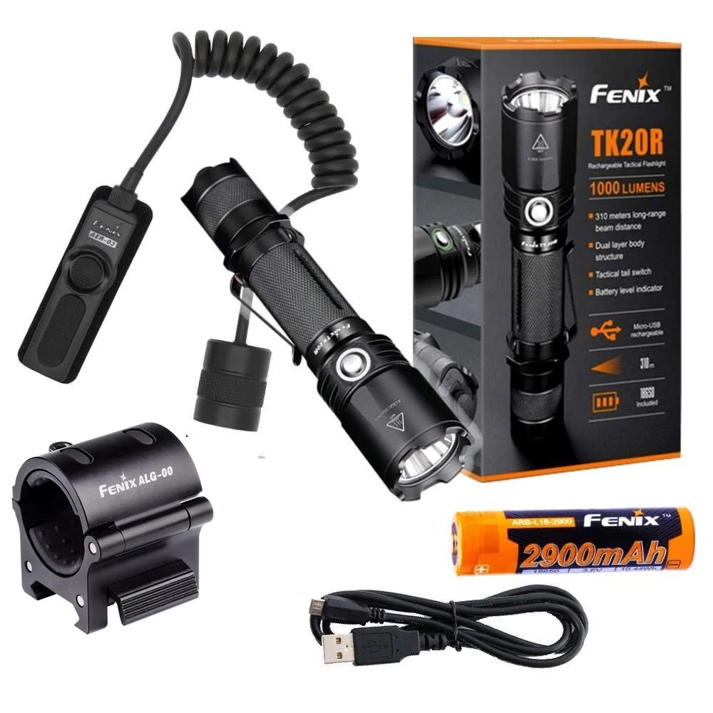 Fenix Fenix TK20R 1000 Lumens High Capacity USB Rechargeable LED Tactical Flashlight with Battery ALG 00 mount AER-03 switch 
Fenix Fenix TK20R 1000 Lumens High Capacity USB Rechargeable LED Tactical Flashlight with Battery ALG 00 mount AER-03 switch