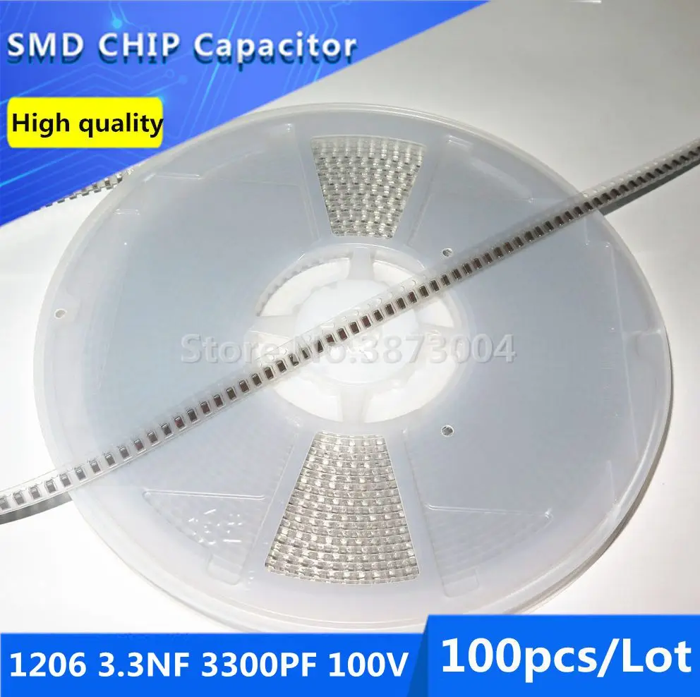 

100pcs 1206 3.3NF 3300PF 100V 10% Thick Film Chip Multilayer Ceramic Capacitor