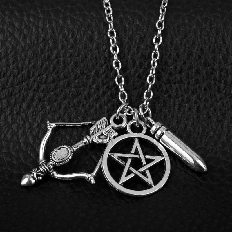 Supernatural Necklace pentagram Pentacle Castiel Bow and Arrow Bullet Pendants Necklace Witch Protection Star Amulet Men Gift
Supernatural Necklace pentagram Pentacle Castiel Bow and Arrow Bullet Pendants Necklace Witch Protection Star Amulet Men Gift