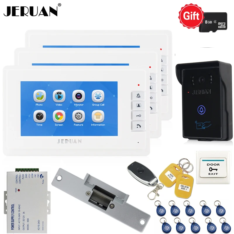 

JERUAN 7 inch LCD Video Door phone Video/voice Recording Intercom System kit 3 White Moitors + Waterproof RFID Access Camera 1V3