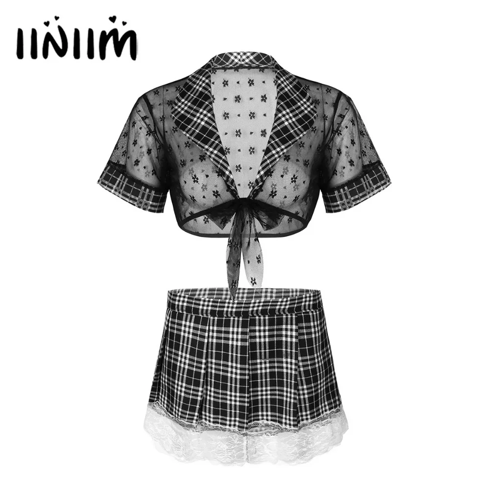2PCS Women Lingerie Set Sexy See-through Tulle Cosplay Sheer Short Sleeve Crop Top with Plaid Mini Skirt Sets for Clubwear
2PCS Women Lingerie Set Sexy See-through Tulle Cosplay Sheer Short Sleeve Crop Top with Plaid Mini Skirt Sets for Clubwear