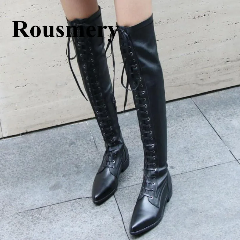 2018 Newest Blakc Pointed Toe Cross-tied Side Zipper Low Heel Chunky Heel Winter Women Boots Over-The-Knee High Quality