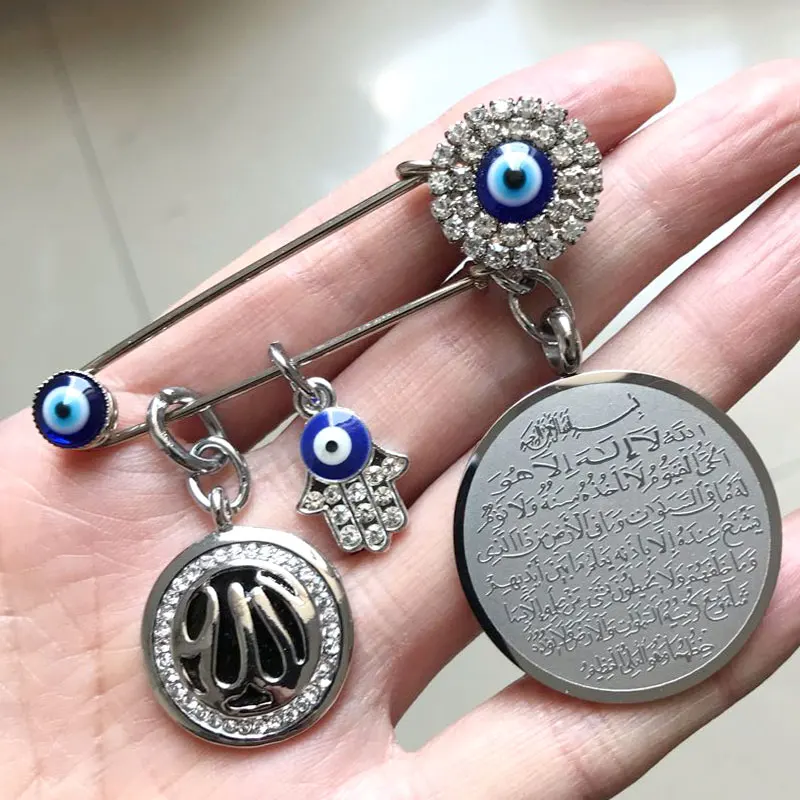 muslim islam turkish evil eye Allah AYATUL KURSI hamsa hand of fatima Stainless steel brooch baby pin
muslim islam turkish evil eye Allah AYATUL KURSI hamsa hand of fatima Stainless steel brooch baby pin