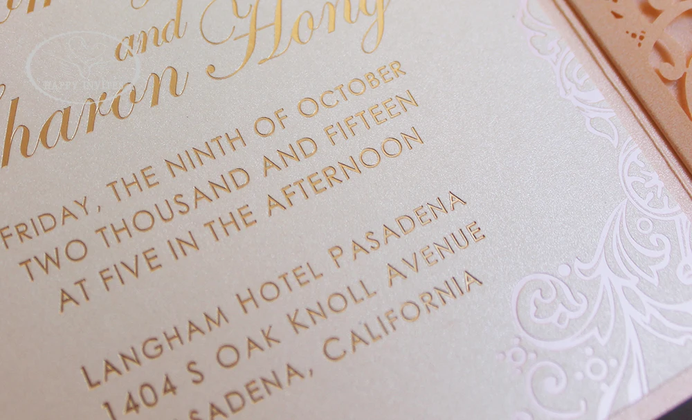 HI3047-10 Custom Pink Pocket Fold Wedding Invitation Card with Gold Foil Made in China