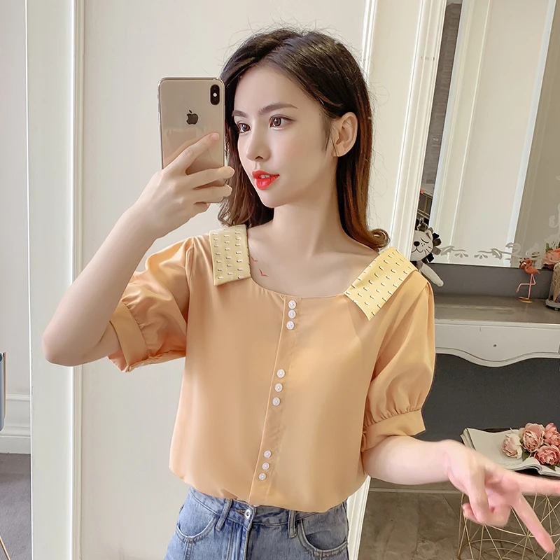 2019 New Blouse Shirt Spliced Short Sleeve Casual Loose Square Collar Top Elegant Solid Bodycon Chiffon Tops
2019 New Blouse Shirt Spliced Short Sleeve Casual Loose Square Collar Top Elegant Solid Bodycon Chiffon Tops