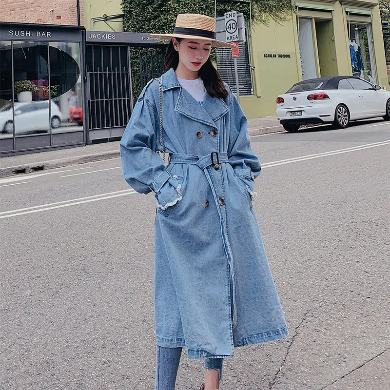 Vintage Long Denim Trench Coat For Ladies Suit Collar Bandage Fashion Overcoat Double-breasted New Loose Korean Outerwear f1288
Vintage Long Denim Trench Coat For Ladies Suit Collar Bandage Fashion Overcoat Double-breasted New Loose Korean Outerwear f1288