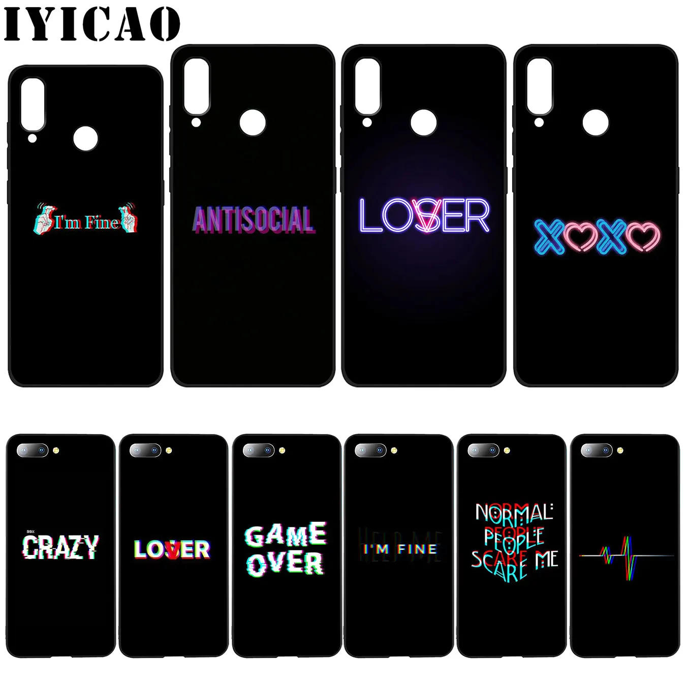 

IYICAO Color text on a black background Soft Case for Huawei Y7 Y6 Prime Y9 2018 Honor 8C 8X 8 9 10 Lite 6A 7C 7X 7A Pro