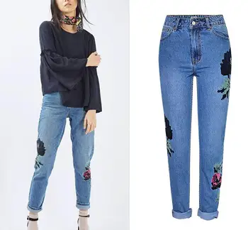 European&American solid applique flower embroidery jeans Fashion women's high-waisted straight denim pnats
European&American solid applique flower embroidery jeans Fashion women's high-waisted straight denim pnats