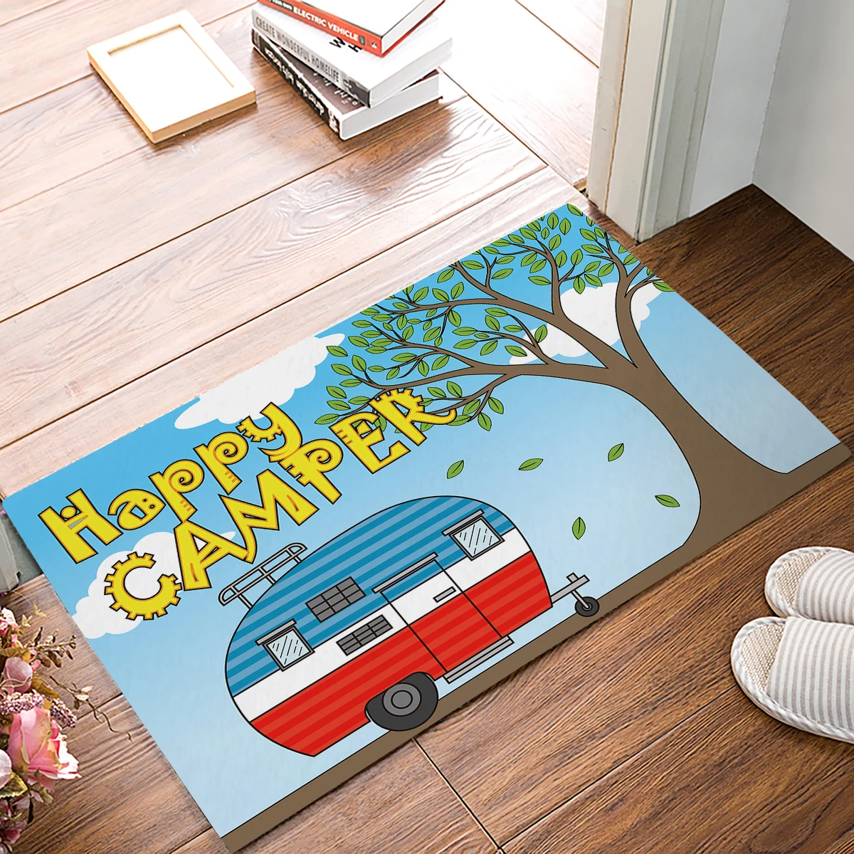 Fabric Non Slip Door Mats Happy Camping Retro Caravan Pattern