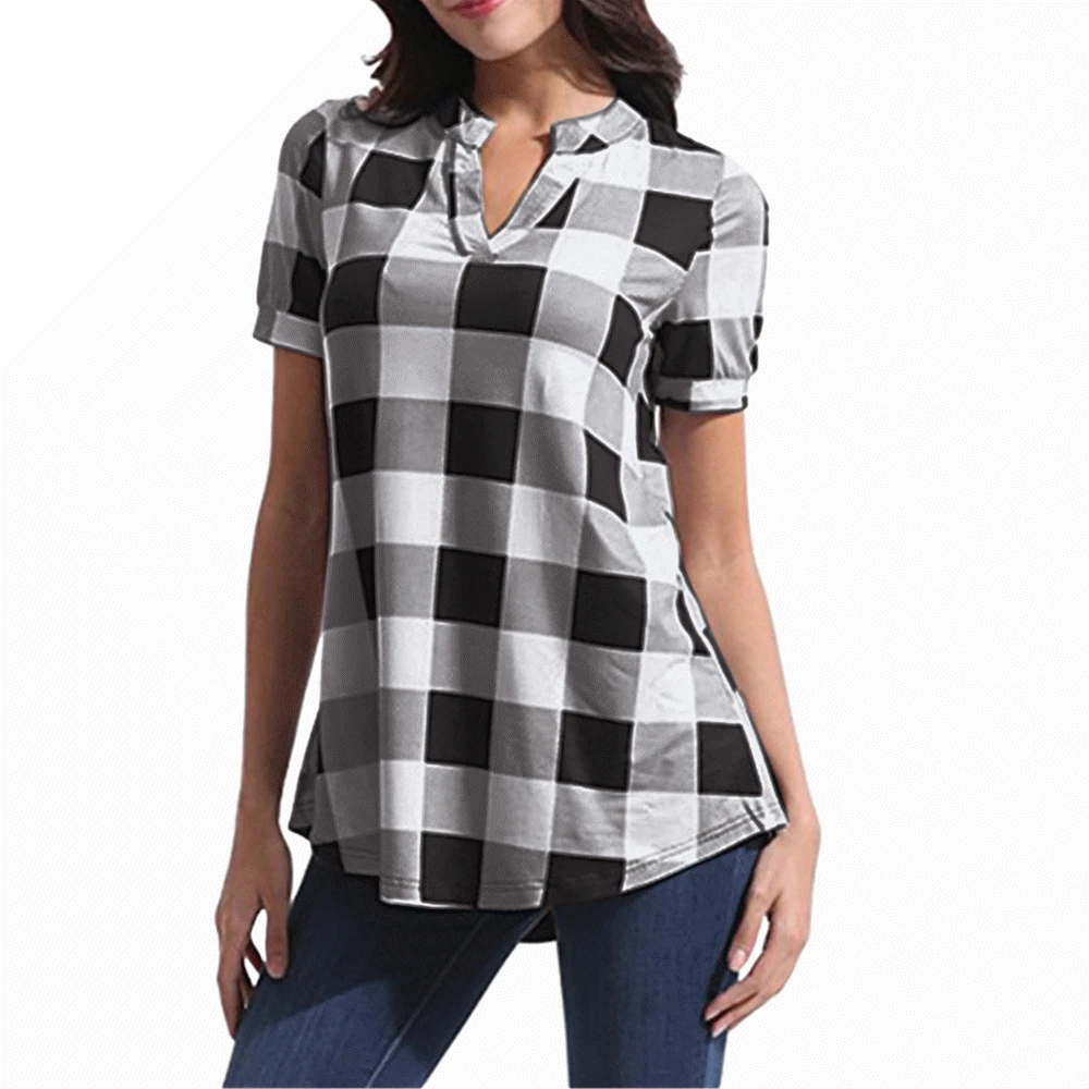 ISHOWTIENDA New Arrival Women Shirts Plaid Printed Short Sleeve V-Neck Irregular Hem Blouse Ladies Blouses Female blusas mujer
ISHOWTIENDA New Arrival Women Shirts Plaid Printed Short Sleeve V-Neck Irregular Hem Blouse Ladies Blouses Female blusas mujer