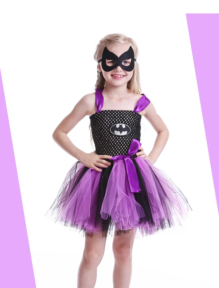Bat Man Superhero Girls Tutu Dress with Mask Children Halloween Cosplay Costume Bat Girl Kids Tulle Party Dress Vestidos (2)
