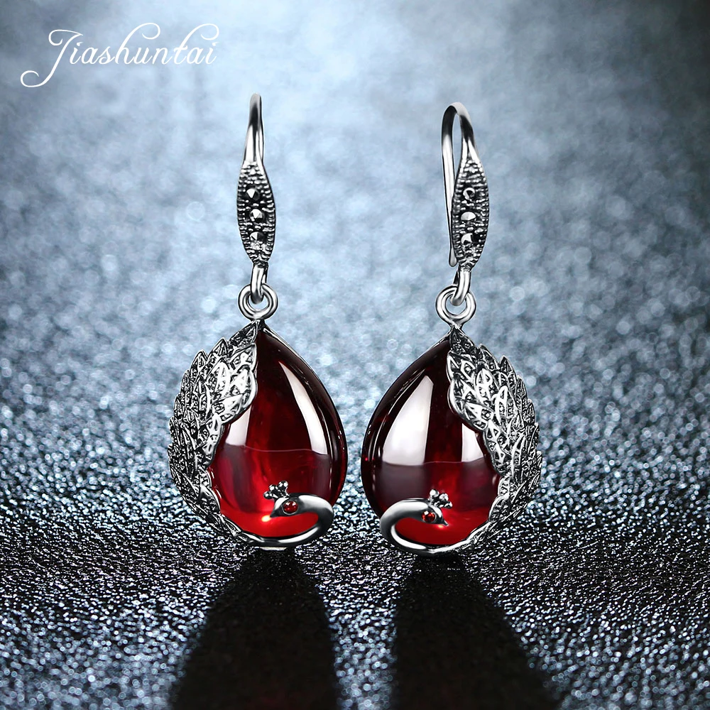 

JIASHUNTAI Silver Earrings for Women Peacock Shape Earrings Female Antiallergic 925 Sterling Silver Jewelry Natural Stone