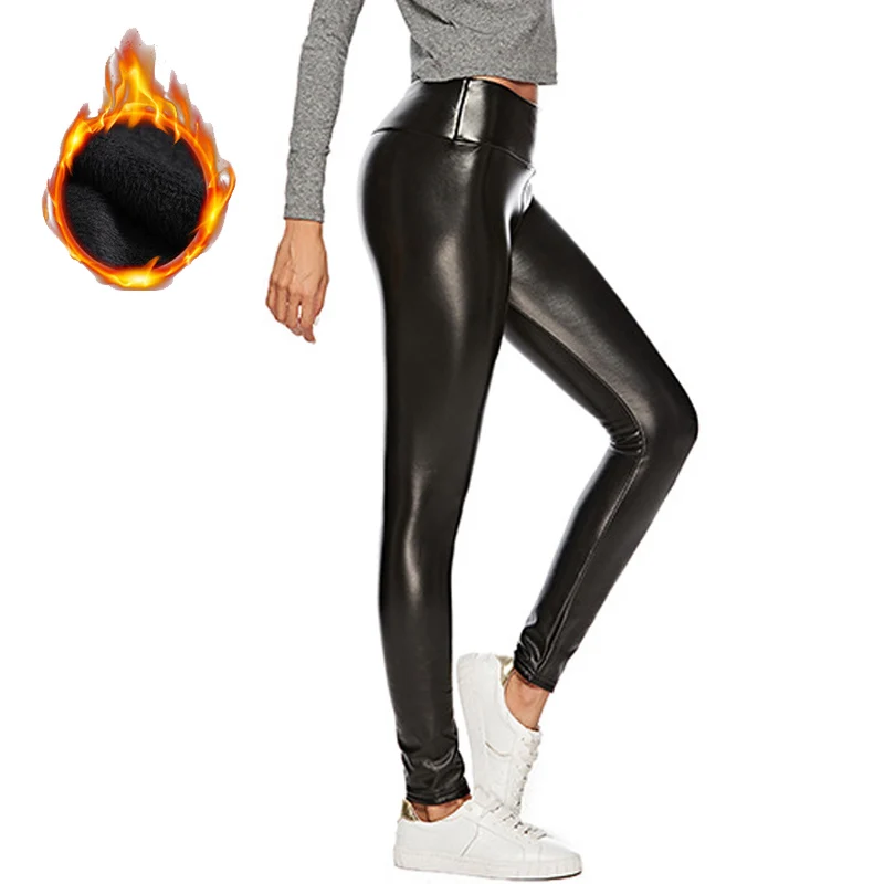 

L-4XL Plus Size Women PU Leggings Faux Leather Warm Winter Legging Push Up Sexy Thermal Pants Fleece Lined High Waisted Black