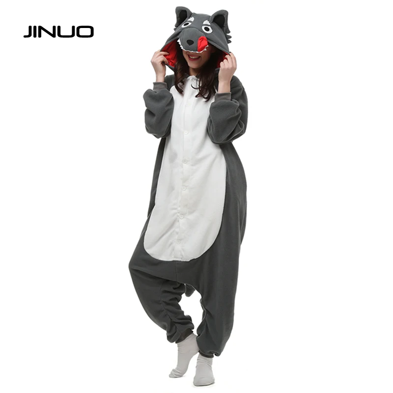 Image JINUO Animal Pigiama Halloween Christmas Party Costume Cute Grey Wolf Big Wolf Onesie Pajamas Costume One piece Sleepwear Pajama
