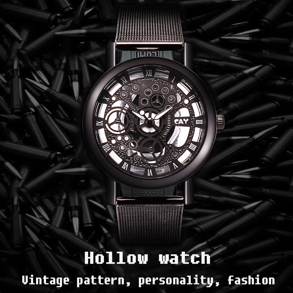 Mesh with metal strap metal imitation mechanical casual watch British wind male and female couple hollow quartz watch
Mesh with metal strap metal imitation mechanical casual watch British wind male and female couple hollow quartz watch