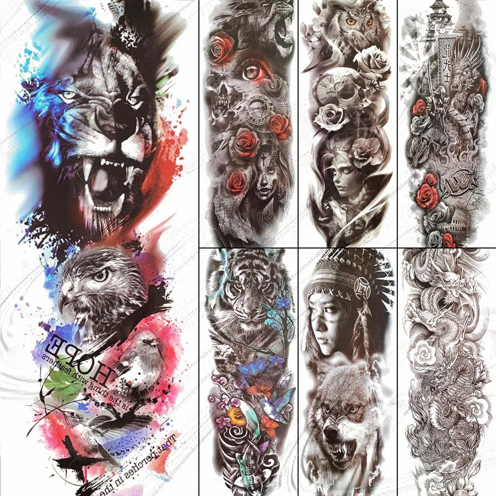 

Временные тату-наклейки «сделай сам» на всю руку, 48x17 см, большая акварель, тигр, Сова, водонепроницаемая большая тату-бумага для женщин, мужчин, девочек, искусство