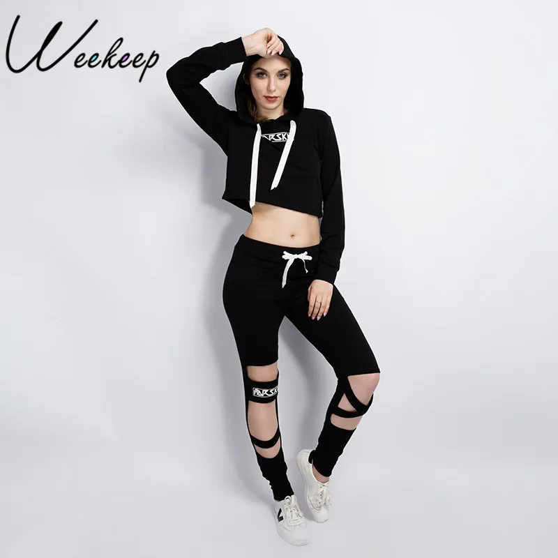 Image Gagaopt 2016 Sexy Style 2 Piece Set Women Black Pants and Crop Top Suit Fashion Hollow Out Letter Print Sportswear Tracksuit
